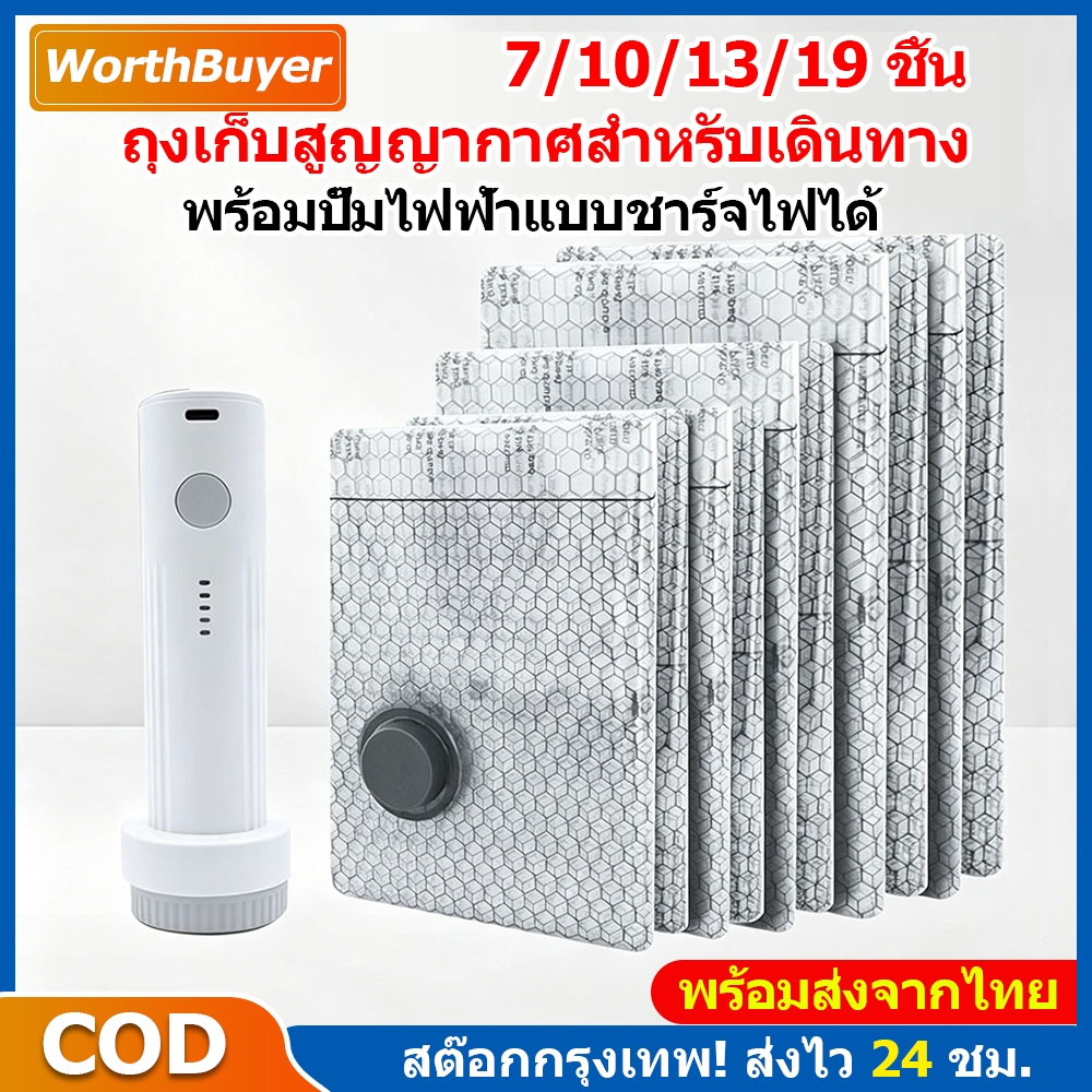 พร้อมส่ง ถุงสูญญากาศใส่เสื้อผ้า ถุงซิปล็อคใสเสื้อผ้าเดินทาง ถุงประหยัดพื้นที่ + ปั๊มลมไฟฟ้า จัดระเบียบกระเป๋าเดินทาง