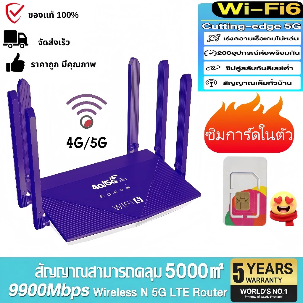 🔥ซิมในตัว🔥 เราเตอร์ซิมความเร็ว 9900Mbps พร้อมเสาอากาศ 6 ตัว รองรับเครือข่าย 5G/4G เข้าถึงอินเทอร์เน็ตได้รวดเร็วทันใจ