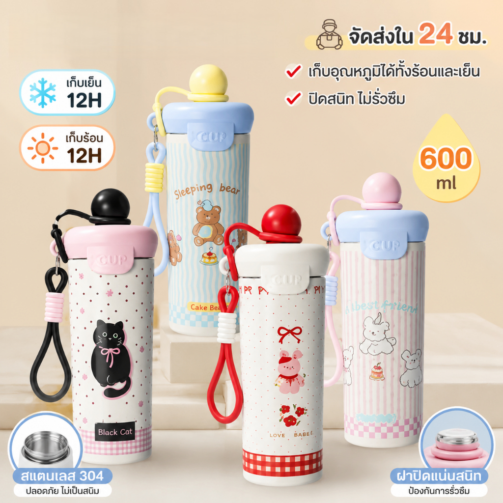 【มีสินค้าพร้อมส่ง】600ml แก้วเก็บความเย็นน่ารัก กระติกน้ําเก็บความเย็น แก้วสแตนเลส 316พร้อมหลอดดูดเหมาะสำหรับนักเรียนใช้