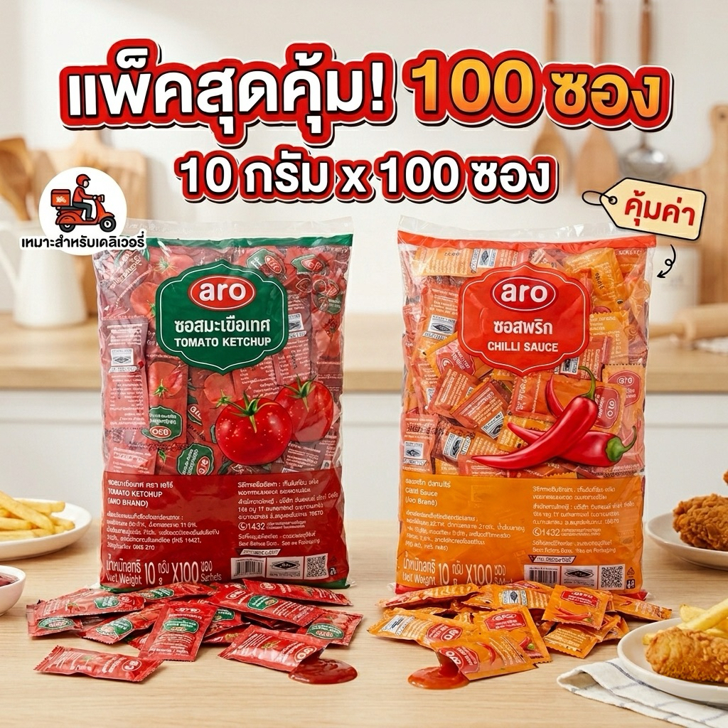 เอโร่ ซอสพริก ซอสมะเขือเทศ แบบซอง (10ก. x 100 ซอง) aro ซอสซอง ซอสเดลิเวอรี่ สำหรับร้านอาหาร ของทอด
