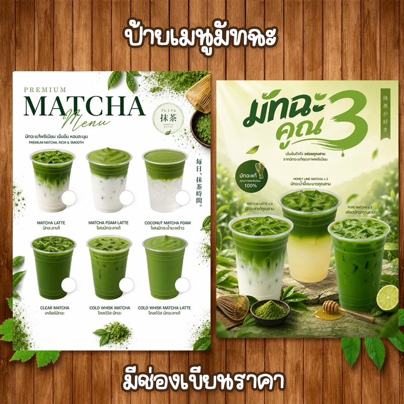 (โปสเตอร์มัทฉะ มีช่องราคา) ป้ายเมนูขนาด A4 เคลือบใสแข็งกันน้ำ