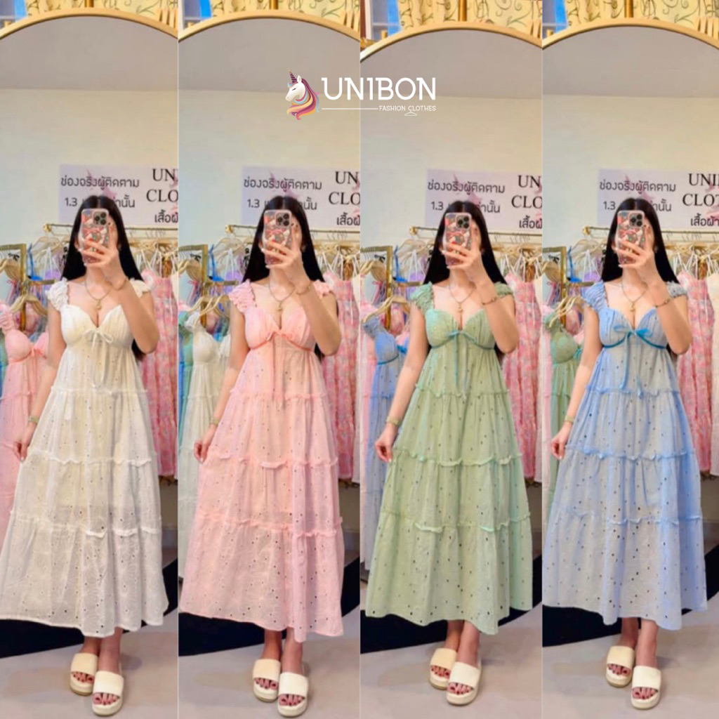 U4⭐️เดรสยาวลายดอกแขนตุ๊กตา ผูกโบว์อก ผ้าปักดอก ผ้าชีฟองใส่สบาย ทรงสวยมากก💐ใส่แล้วพรางหุ่น ไม่อ้วนตันจ้า