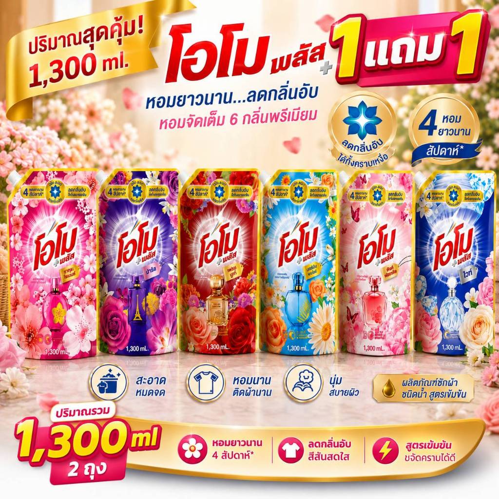 โอโม พลัส น้ำยาซักผ้าชนิดน้ำ สูตรเข้มข้น สำหรับเครื่องฝาบนและซักมือ 1300 มล. แพ็ค 2 ถุง