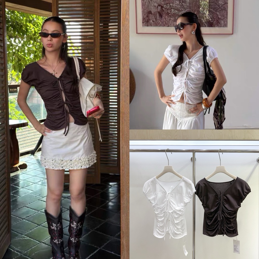 ส่งด่วน 🛵 26T336 MMFISH เสื้อดีไซน์เก๋ ดีเทลกระดุมหน้าและมีเชือกผูกหน้า