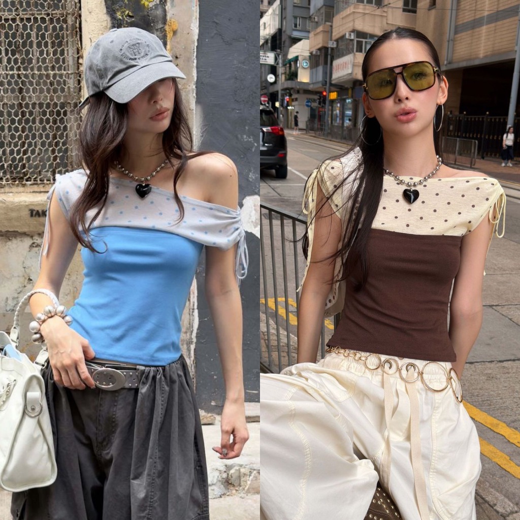 **พร้อมส่ง**BY0547 เสื้อยืดปาดไหล่ทูโทนลายจุด แต่งโบว์รูด ผ้าบางซัมเมอร์ benly co