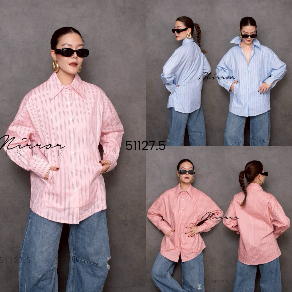 🔖Mirrorsister 51127.5 เสื้อเชิ้ตลายริ้วทรง Oversize ดีเทลมีกระเป๋าข้าง เนืัอผ้าใน่สบาย