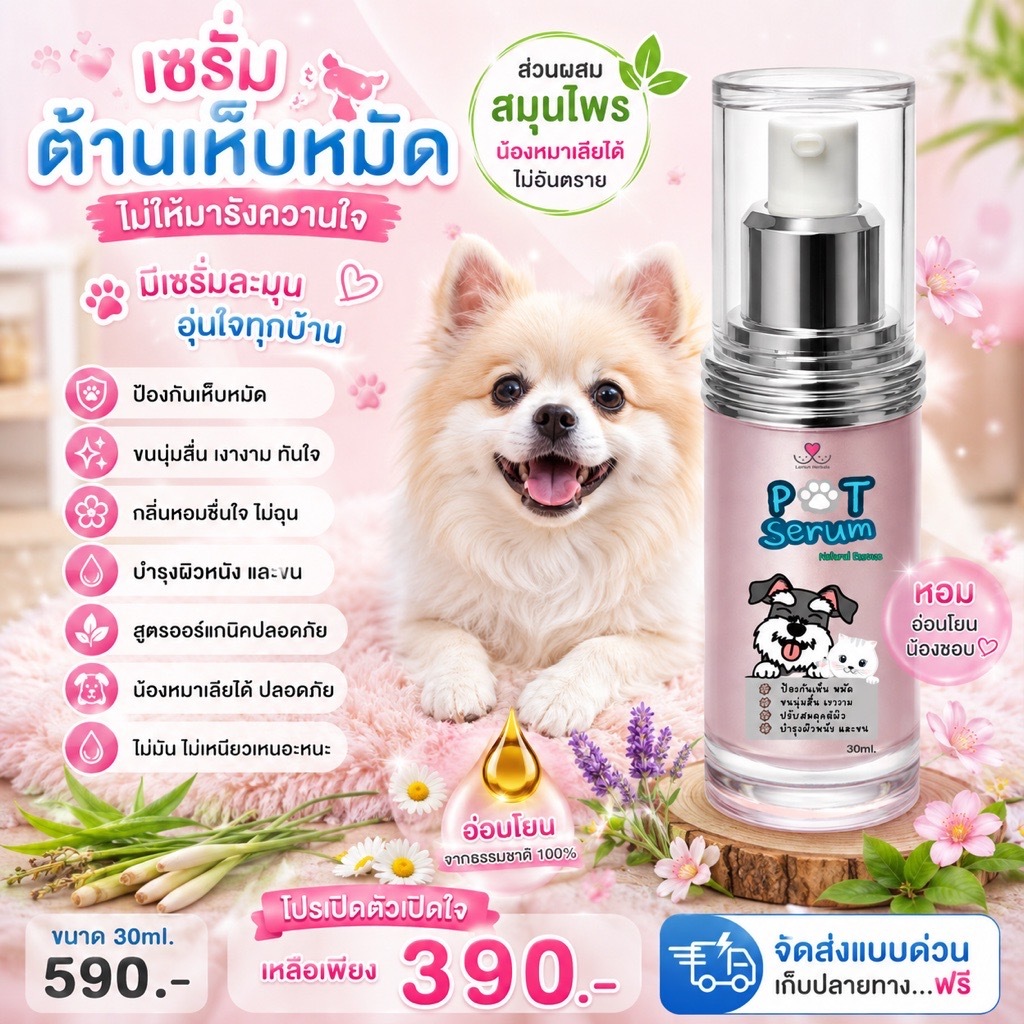 (ป้องกันเห็บหมัด) เซรั่มละมุนสมุนไพร บำรุงผิวหนังและขน สมานผิว ขจัดกลิ่นสาบ ปลอดภัยไร้สารอันตราย