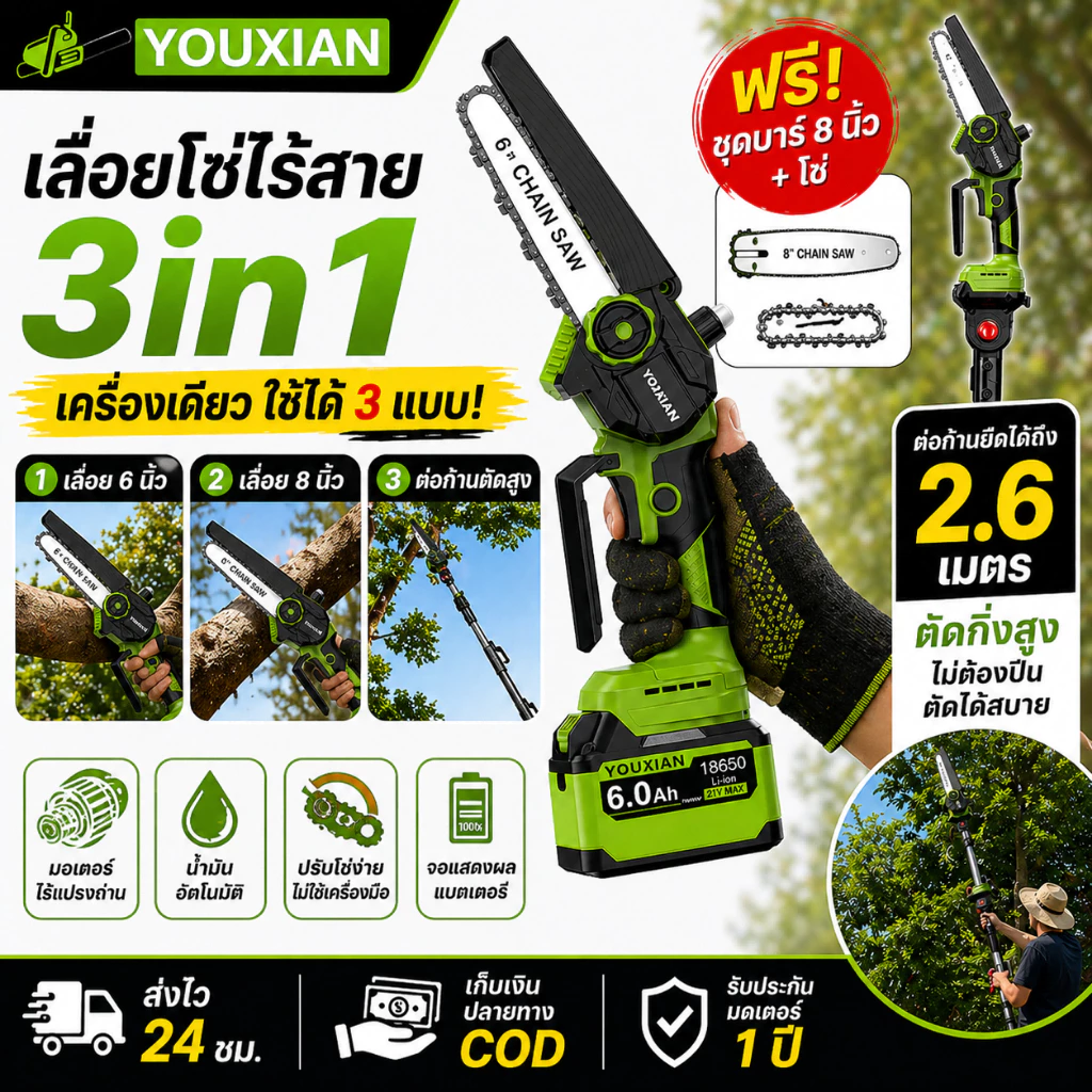 YOUXIAN เลื่อยโซ่ไร้สาย 6 นิ้ว มอเตอร์ไร้แปรงถ่าน 1000W ตัดเร็ว กำลังสูง รองรับบาร์และโซ่ 8 นิ้ว