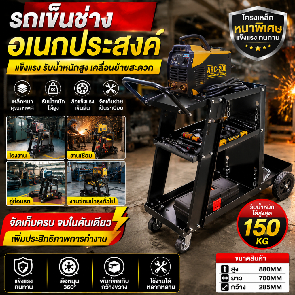 🔥รถเข็นเครื่องมืออเนกประสงค์ รถเข็นช่างเคลื่อนที่ ชั้นวางเครื่องเชื่อมไฟฟ้า แข็งแรง รับน้ำหนักได้ดี สำหรับโรงงาน อู่ซ่อม