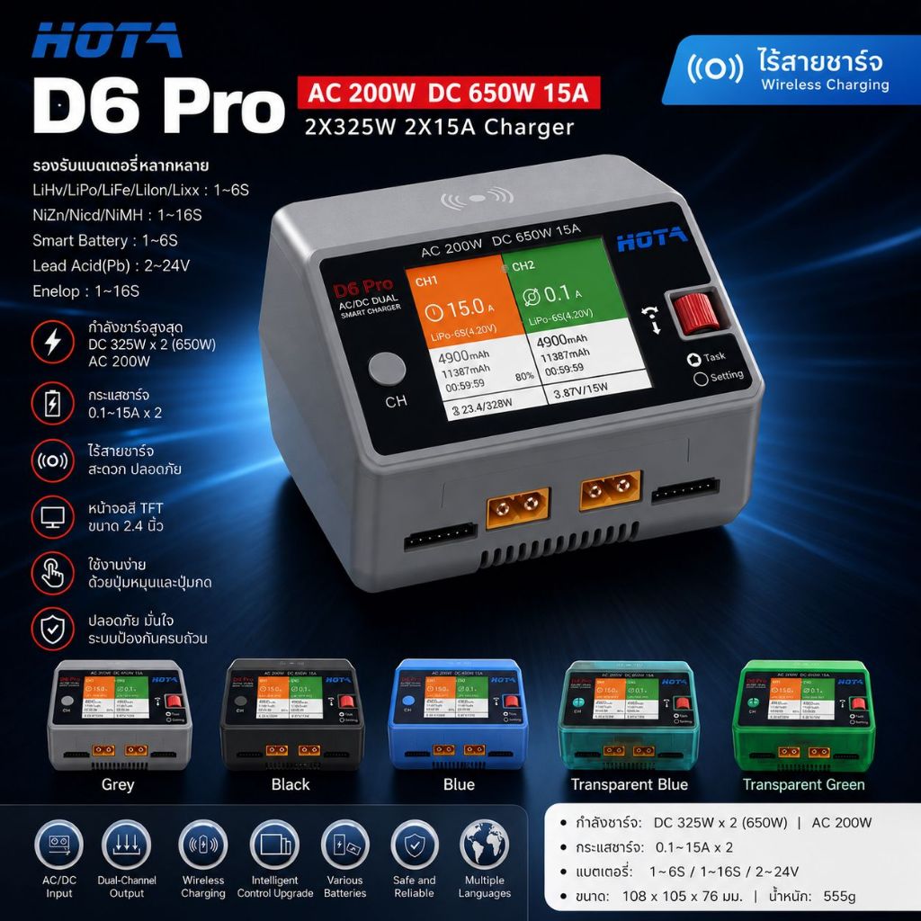 [เครื่องชาร์จ] เครื่องชาท HOTA D6 Pro AC 200W DC 650W 15A Charger 2Port ชาทได้ 2ก้อนพร้อมกัน เสียบปลั๊กใช้งานได้ทันที