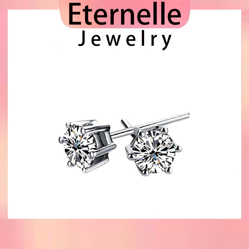 Eternelle  ต่างหูเพชร ต่างหูเงินเพชรหกเหลี่ยม ต่างหูเงิน 92.5%พร้อมกล่องเครื่องประดับ เขียนการ์ดได้