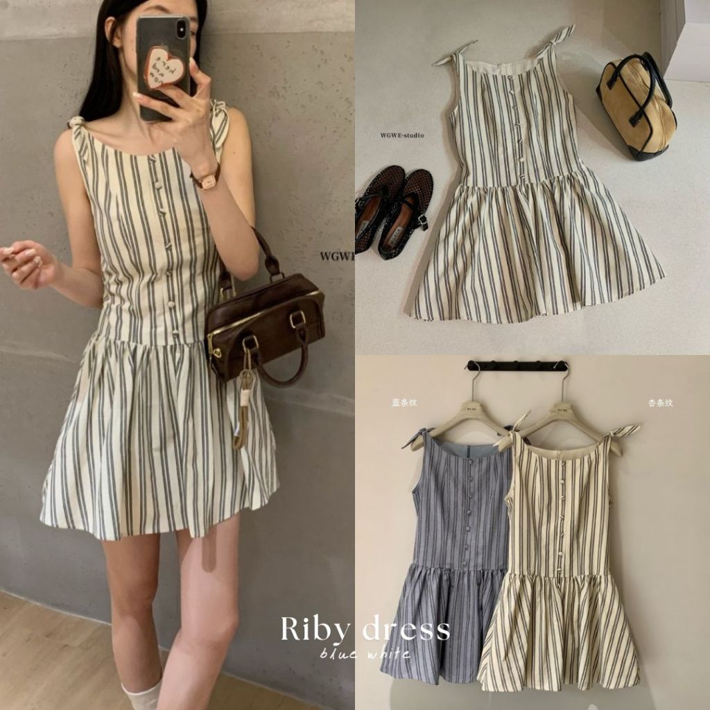 Riby Dress มินิเดรส แขนกุดลายริ้ว ดีเทลผูกโบว์ที่ไหล่และแต่งกระดุม มีซับใน tag wg.we