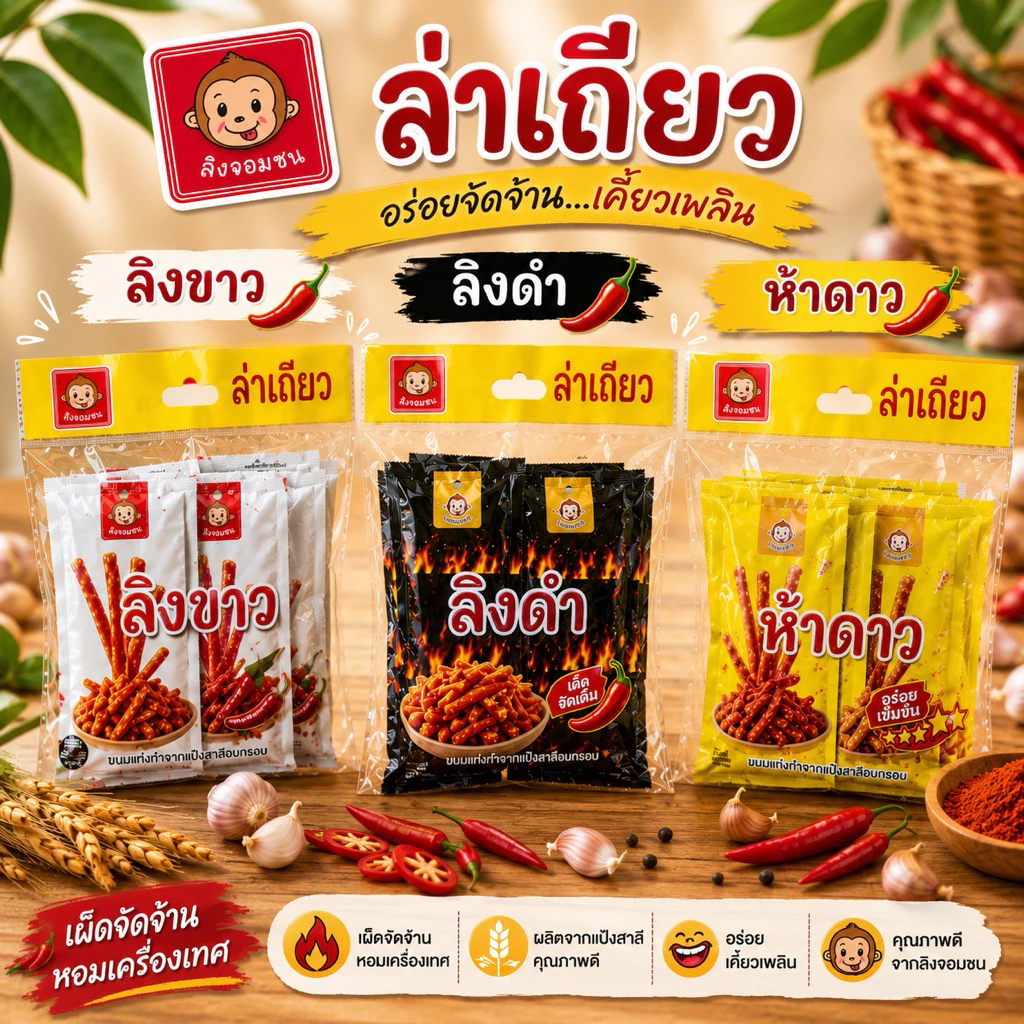 ล่าเถียว ลิงขาว ลิงดำ ลิงเหลือง ตราลิงจอมซน ขนมรสเผ็ดชาสไตล์เสฉวนต้นตำรับแท้ (ยกลัง 12 แพค 144 ซอง)