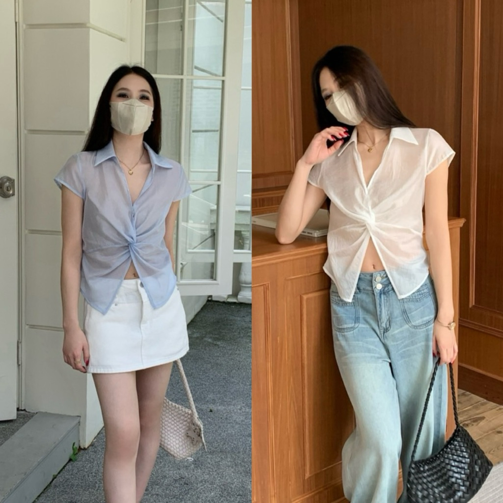 9575# เสื้อแขนสั้นคอปก ขมวดเอว งานซิปข้าง เนื้อผ้าดี ทรงสวย TAG:WG.WE 🇰🇷