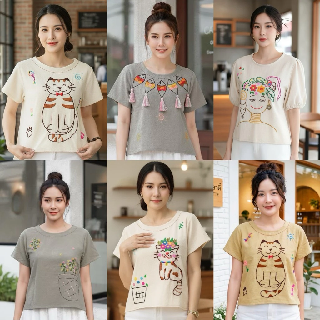 เสื้อคอกลมผ้าฝ้ายปักมือ ลายน่ารัก🐢🐢
