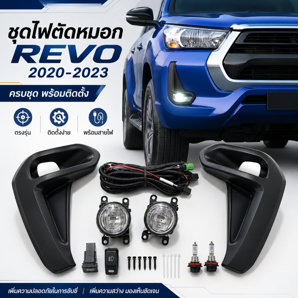 ไฟตัดหมอก Toyota Hilux Revo 2020 2021 2022 2023 ชุดสปอร์ตไลท์ LED พร้อมฝาครอบ สายไฟ รีเลย์ สวิตช์ ตรงรุ่น