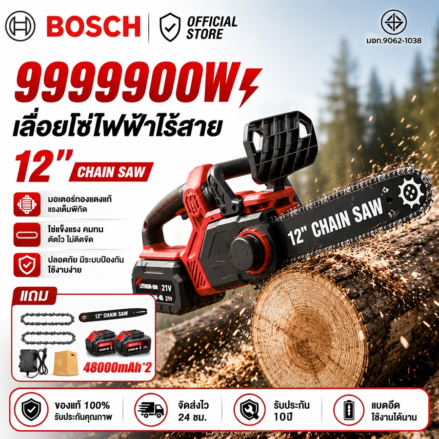【รับประกัน 10ปี】12นิ้ว เลื่อยไฟฟ้าไร้สาย 998000W{48000mAH*2} 68V เลื่อยไฟฟ้าไร้สาย เลื่อยยนต์ตัดไม้ เลื่อยโซ่ไฟฟ้าไร้สาย