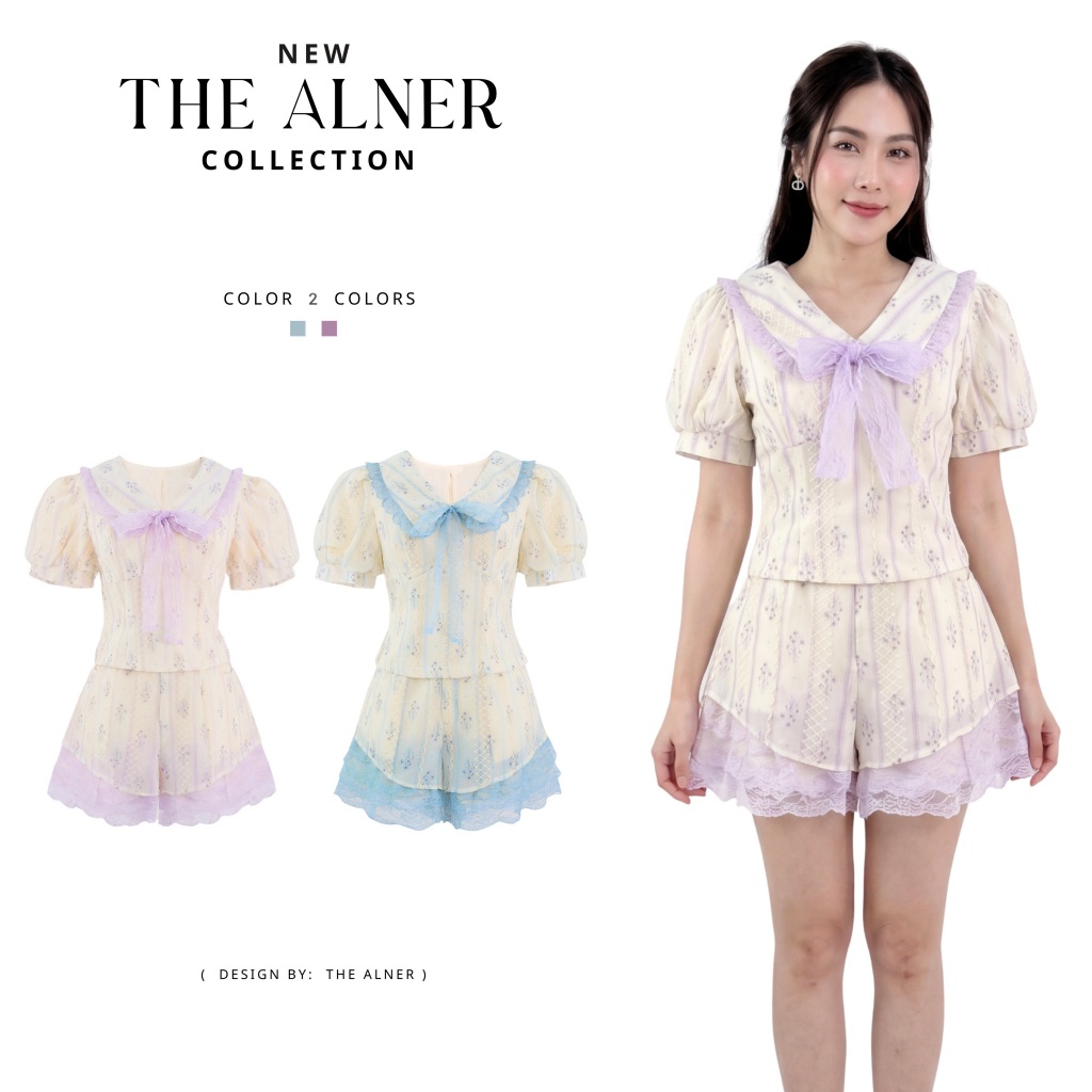 Thealner เซตเสื้อคอปกแขนตุ๊กตากางเกงขาสั้น