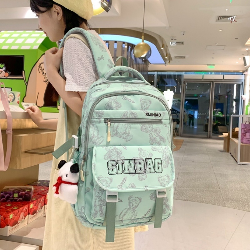 กระเป๋าเป้ลายตัวอักษรและหมี ความจุใหญ่ น้ำหนักเบา ใส่ได้หลายสไตล์ สำหรับนักเรียน