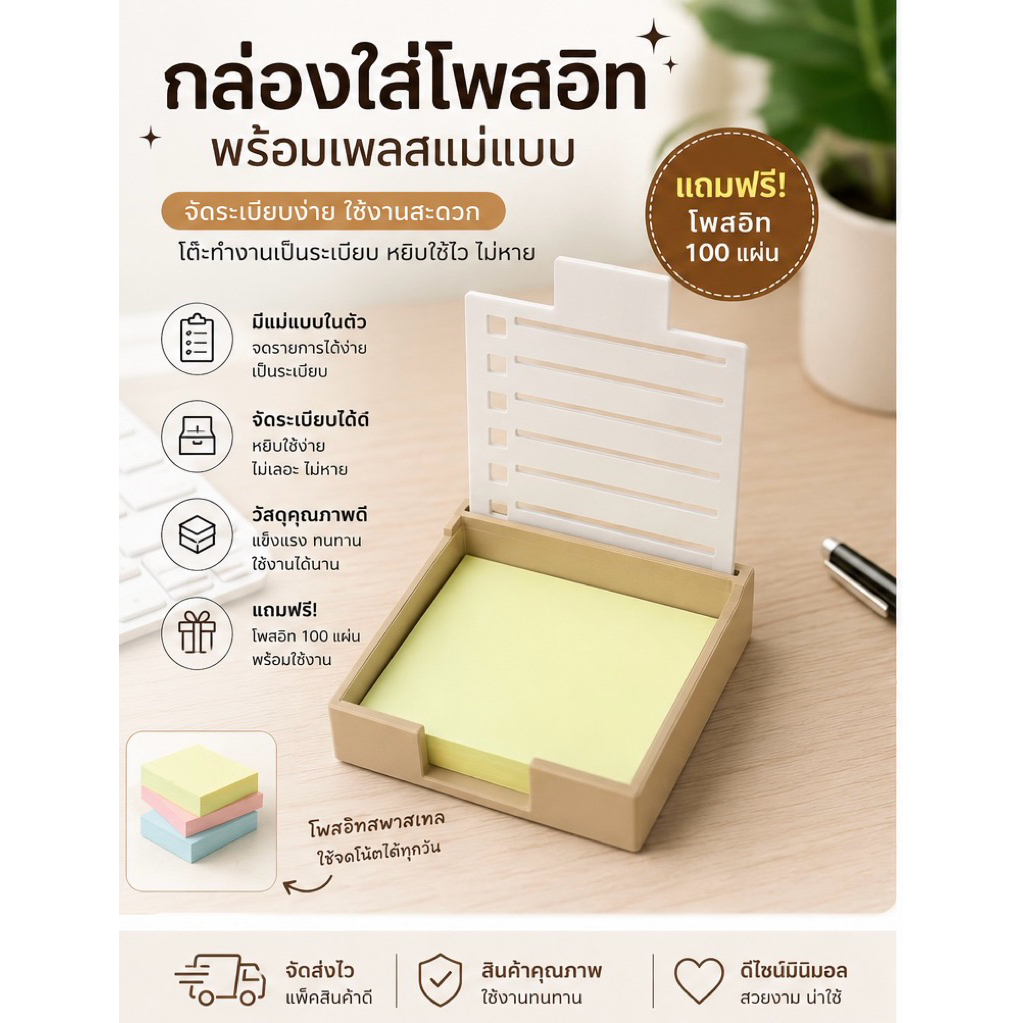 กล่องโพสอิท ที่ใส่โพสอิท Post-it Holder กล่องใส่โน้ตเตือน อุปกรณ์จัดโต๊ะทำงาน สำนักงาน แถมโพสต์อิทฟรี 100 แผ่น