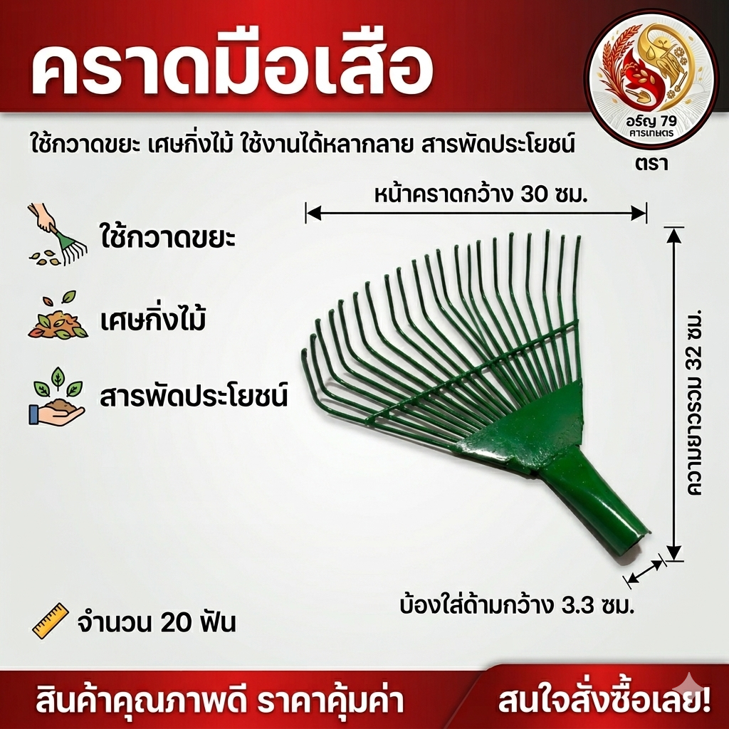 คราดมือเสือเหล็ก สีเขียวบ้อง 20 ฟัน