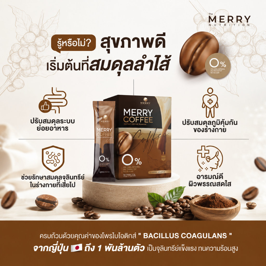 [ 1 กล่อง ] Merry Coffee Drink กาแฟคุมหิว สูตรโพรไบโอติกส์