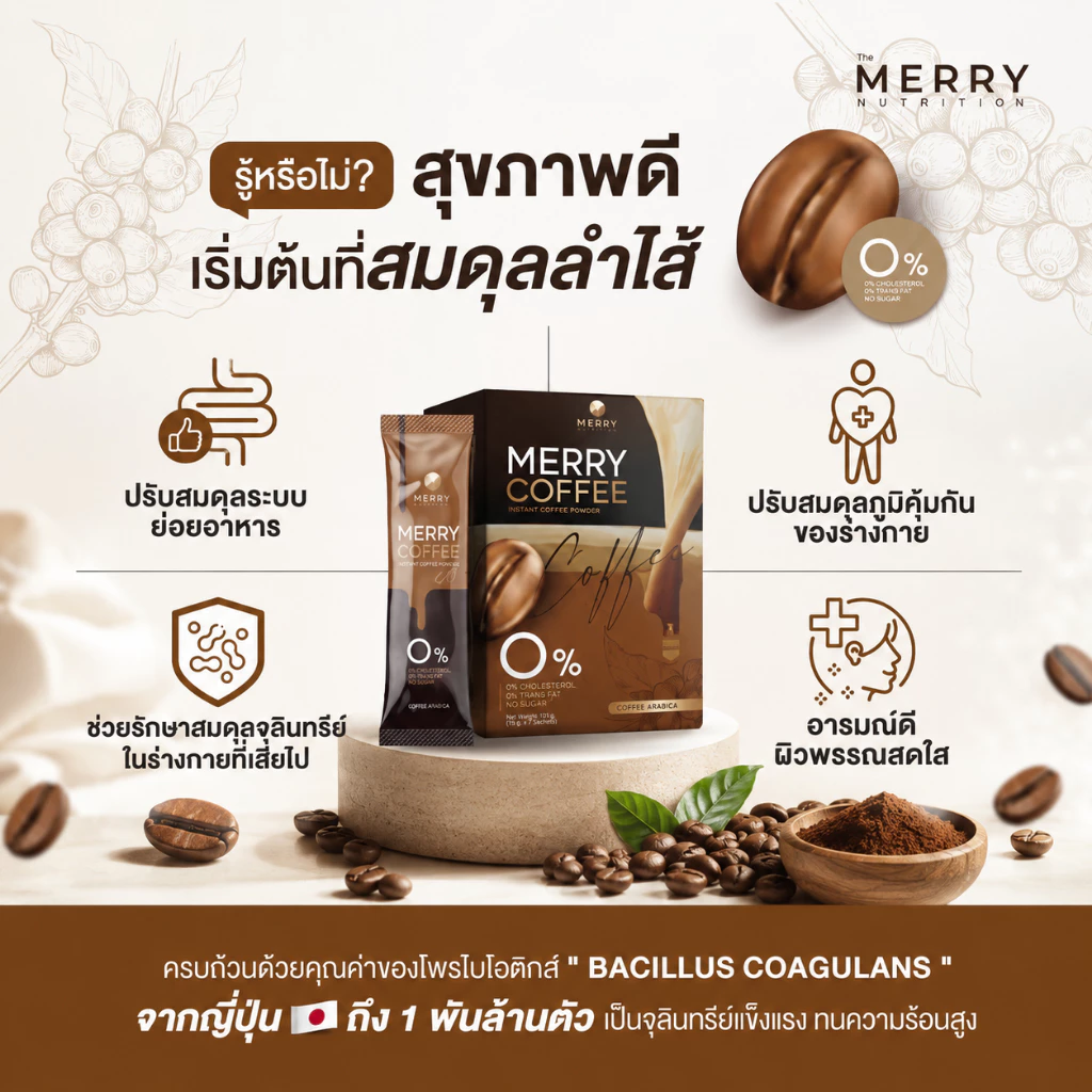 [ 1 กล่อง ] Merry Coffee Drink กาแฟคุมหิว สูตรโพรไบโอติกส์