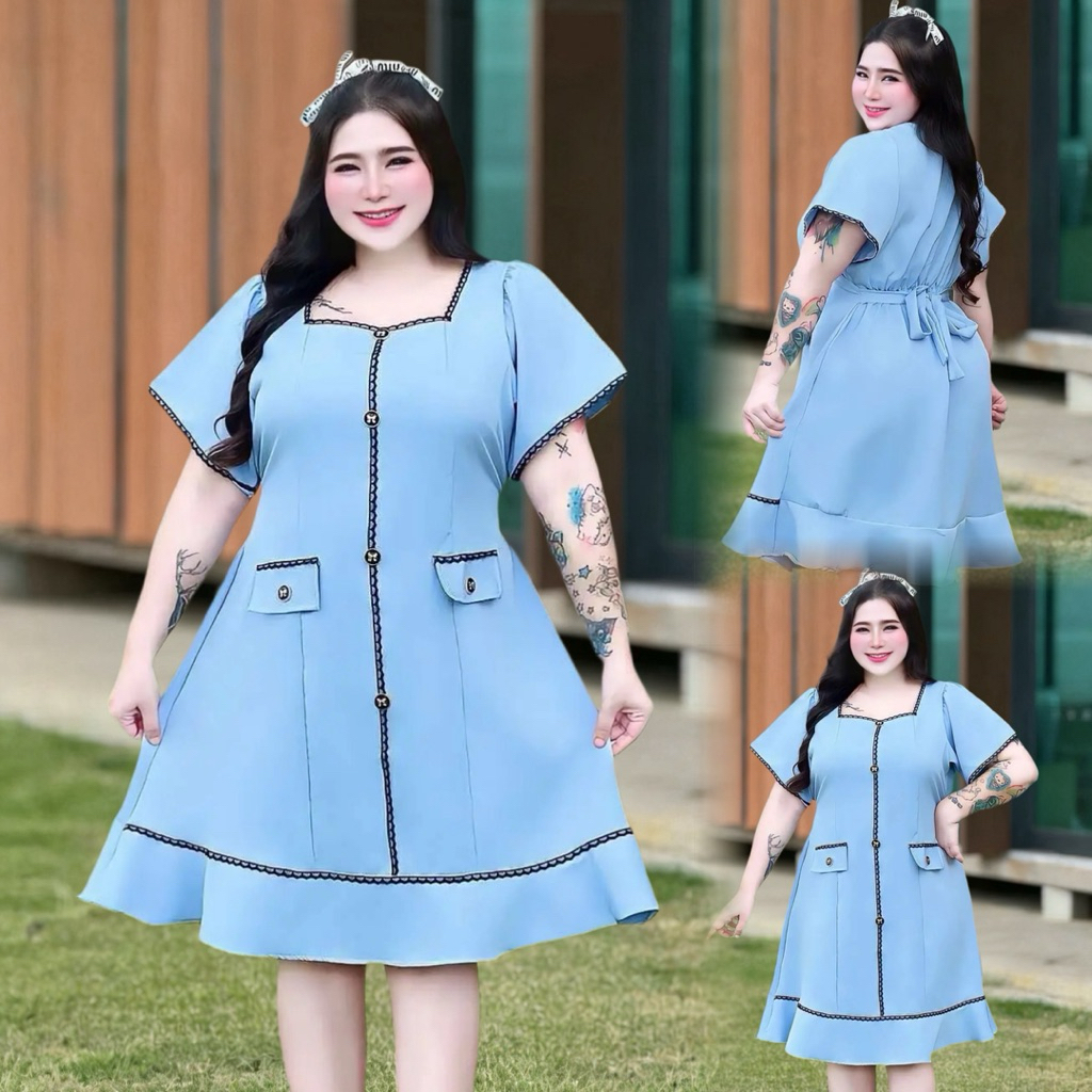 S173เดรสคอเหลี่ยมแต่งลูกไม้ดำ ผ้าบาร์บี้ มี3ไซส์ L XL 2XL อก40-60นิ้ว สะโพก60-88นิ้ว ยาว40-42นิ้ว ใส่เที่ยวหรือออกงานได้
