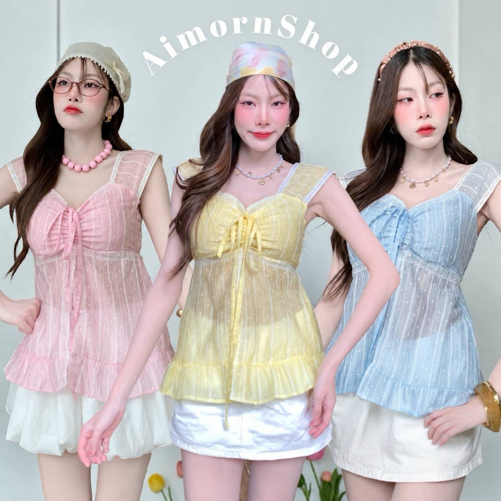 🔥aimorn_shop🔥เสื้อแขนกุด ชายระบาย ด้านหน้าผูกโบว์ปรับทรงสวยๆ งานสวยมาก ผ้าพริ้วใส่สบาย