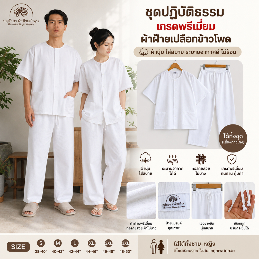 ชุดปฏิบัติธรรมเกรดพรีเมี่ยม ผ้าไม่บาง ได้ทั้งชุด(เสื้อ+กางเกง) ผลิตจากผ้าฝ้ายทอลายเปลือกข้าวโพด