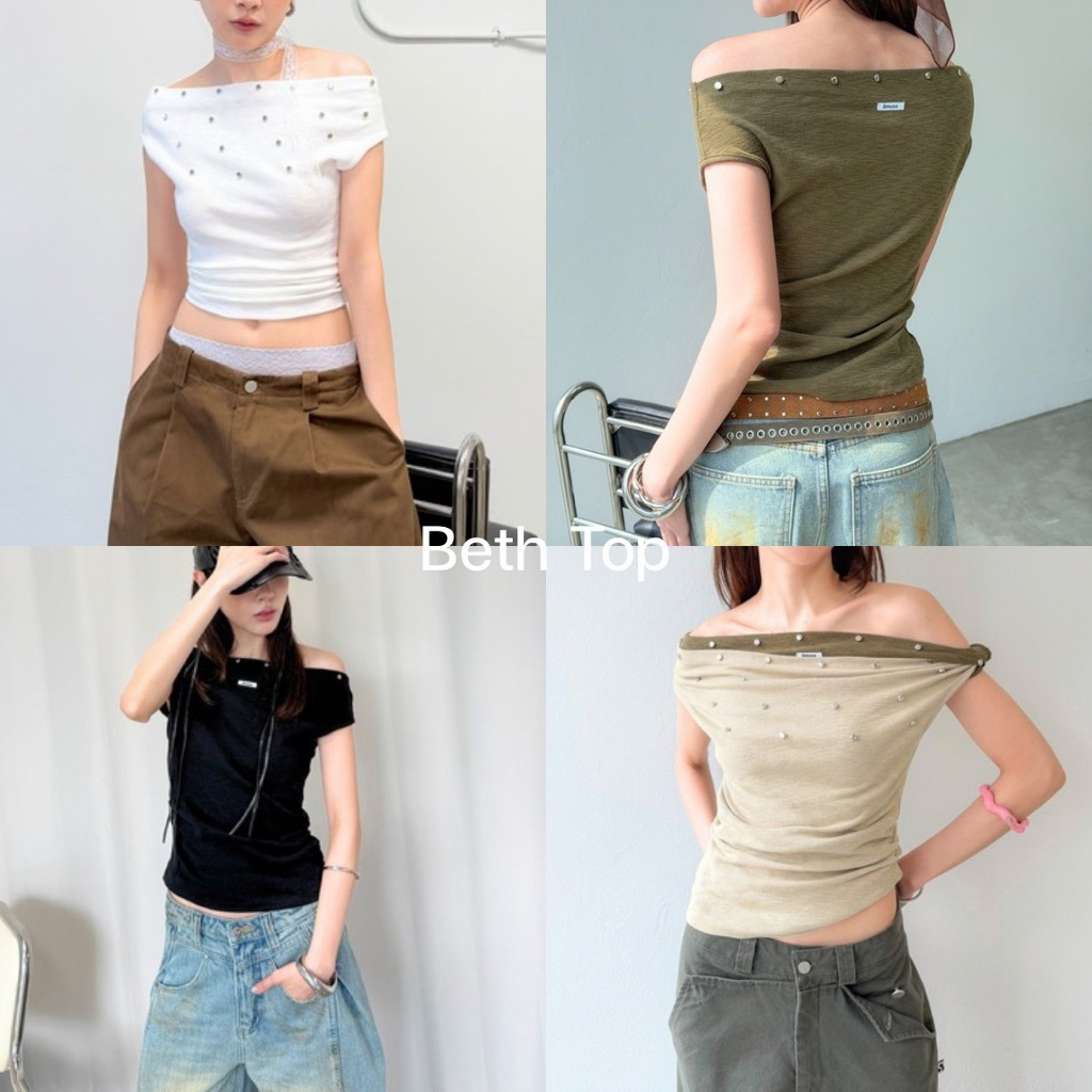 AMUSE BKK - Beth Top เสื้อปาดไหล่ติดหมุดทรงเข้ารูป ผ้า Rip Slub นุ่มยืดหยุ่นได้เยอะ ใส่ได้หลายแบบ