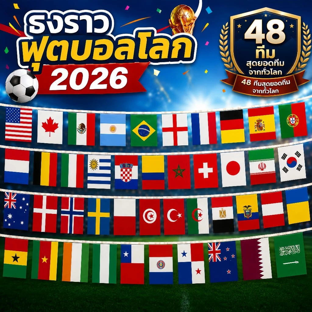 ธงราวบอลโลก 2026 48ประเทศ มี3ขนาดให้เลือก ธงผ้า 20*28cm*18m 14*21cm*14m สินค้าตกแต่งธีมบอลโลก งานปาร์ตี้