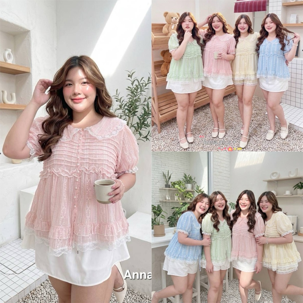 (AN) เสื้อคอบัว แขนตุ๊กตา ตีเกล็ดหน้า สวย หวานมาก แต่งลูกไม้เพิ่มความน่ารัก เสื้อผ้าสาวอวบอ้วน พลัสไซส์ ไซส์ใหญ่
