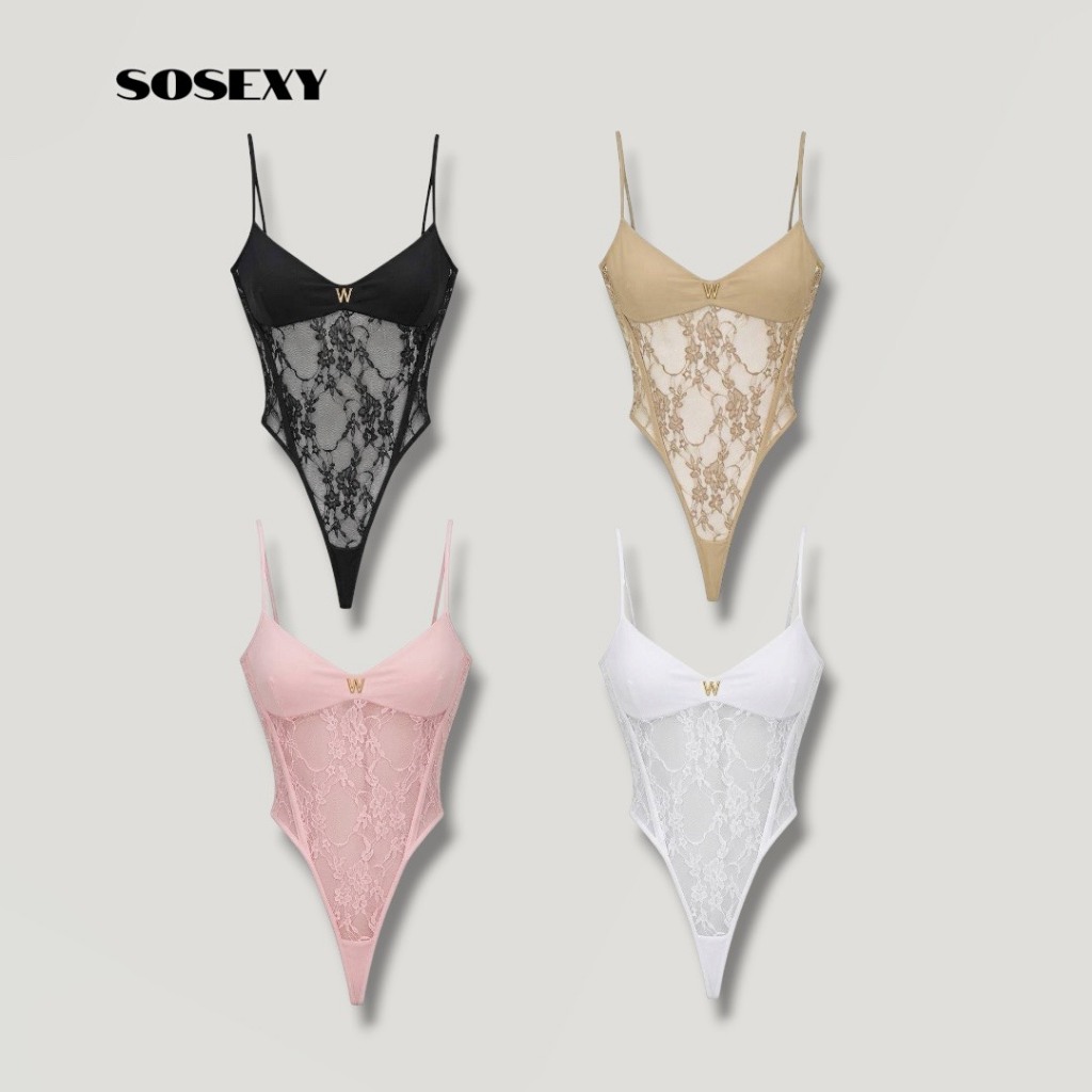sosexy【พร้อมส่ง】บอดี้สูทลูกไม้เซ็กซี่ สีดำ สายเดี่ยว เว้าลึก แต่งตัวอักษร W ผ้าซีทรู ดีไซน์เข้ารูป มี4สี(A9546)