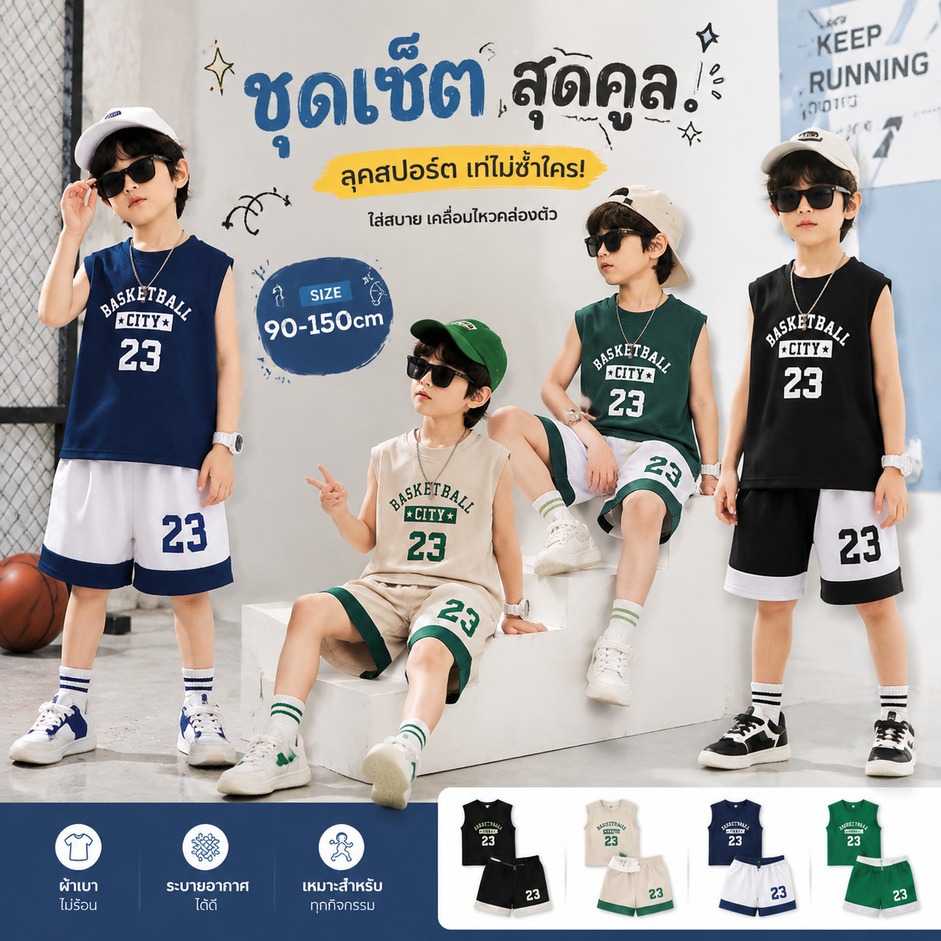 [พร้อมส่ง] ชุดกีฬาเด็กชายเสื้อกล้ามผ้าตาข่าย ุ่มใส่สบายไม่ร้อน ชุดเซ็ตแขนกุดสไตล์ตะวันตกไซส์ 90-150厘米 DA-Q