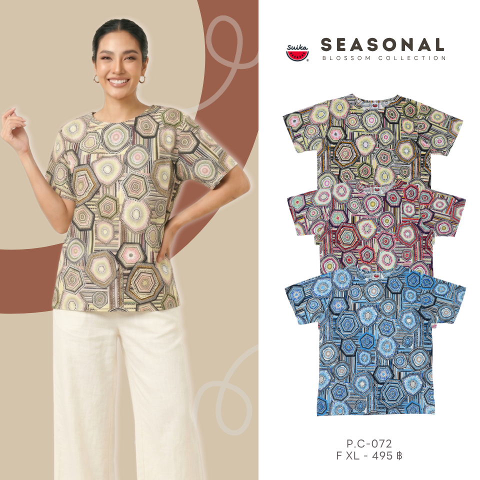 เสื้อแตงโม (SUIKA) - เสื้อยืด คอปาด โปเชียลพิมพ์ลายดอกไม้(P.C-072 302 196)