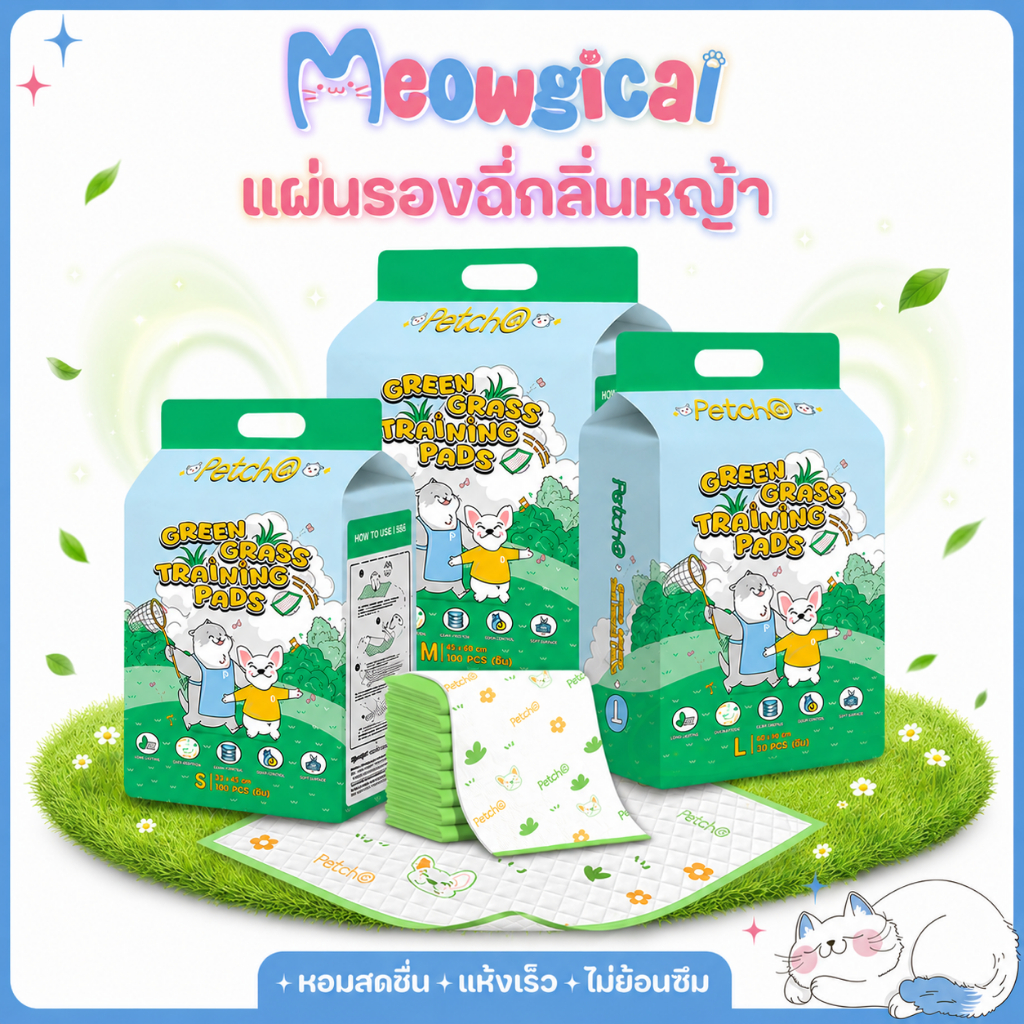 Meowgical × Petcho 🌿แผ่นรองฉี่สุนัข แผ่นรองสัตว์เลี้ยงลดกลิ่น ซึมซับสบาย แห้งสะอาด พร้อมกาวกันลื่น Fresh Grass Pad