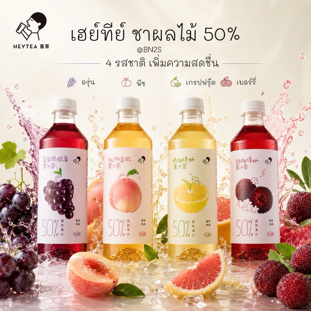 hey tea fruit 50% ชาผลไม้เฮย์ที ผสมน้ำผลไม้แท้ 50% ทำให้มีความเข้มข้น หวาน หอม รสชาติอร่อย พร้อมส่งในไทย 1 ชวด 450 มล.