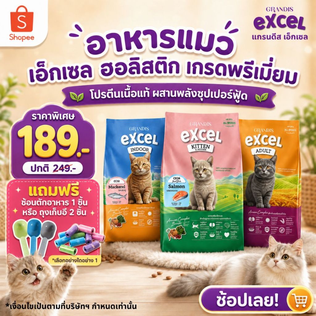 [ซื้อ 1kg แถมฟรี ช้อนหรือถุงเก็บอึ ]  แกรนดีส เอ็กเซล (1กก) อาหารแมว Holistic เกรดพรีเมี่ยม GRANDIS EXCEL
