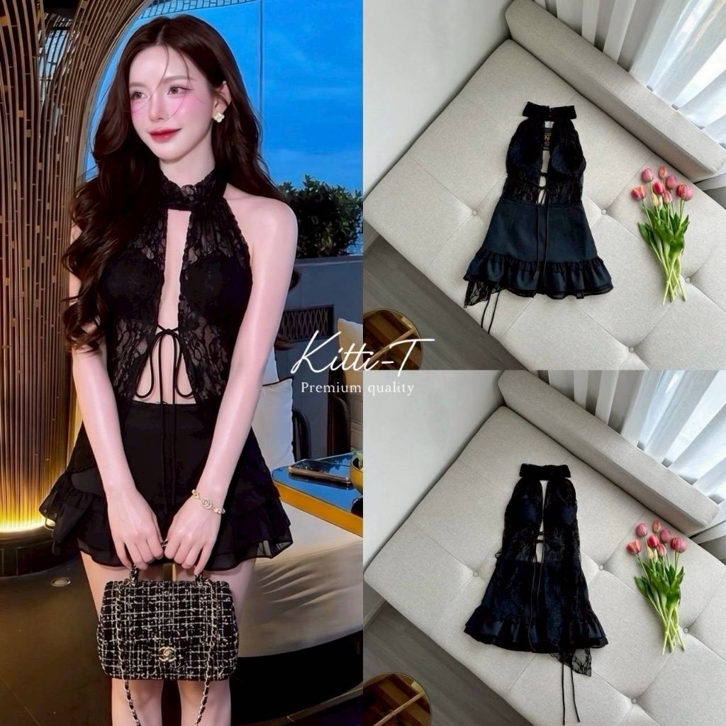 KITTI -T SET (2) ชิ้น  ดีไซน์คล้องคอ ทรงครอปแขนกุด ที่เน้นช่วงไหล่และแผ่นหลังให้ดูสวยงาม