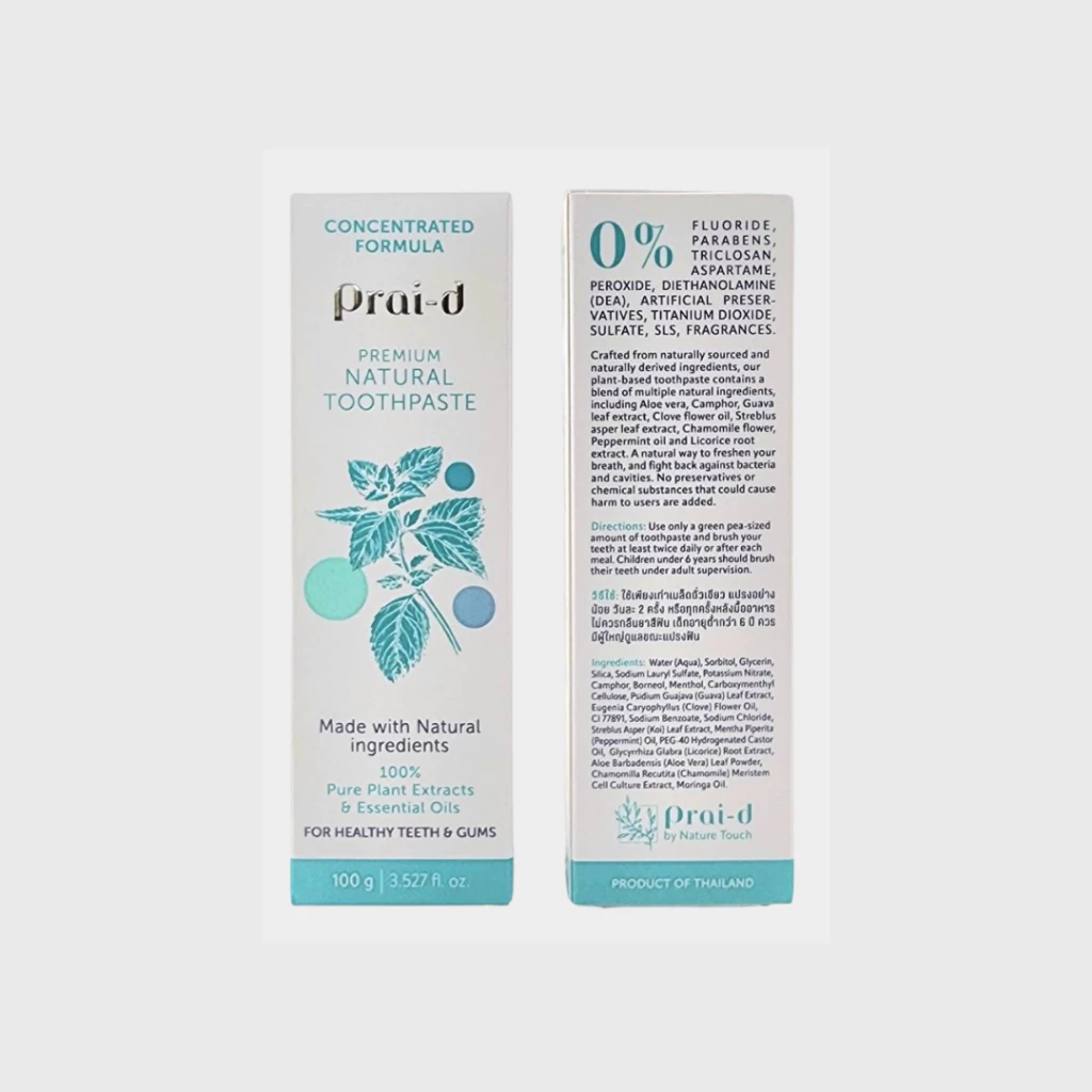 Nature Touch - PRAI-D Toothpaste 100 g.ยาสีฟันสมุนไพร,ใช้เท่าเมล็ดถั่วเขียว,มีฟลูออไรด์,ปากสะอาดสดชื่นตั้งแต่ตื่นจนหลับ