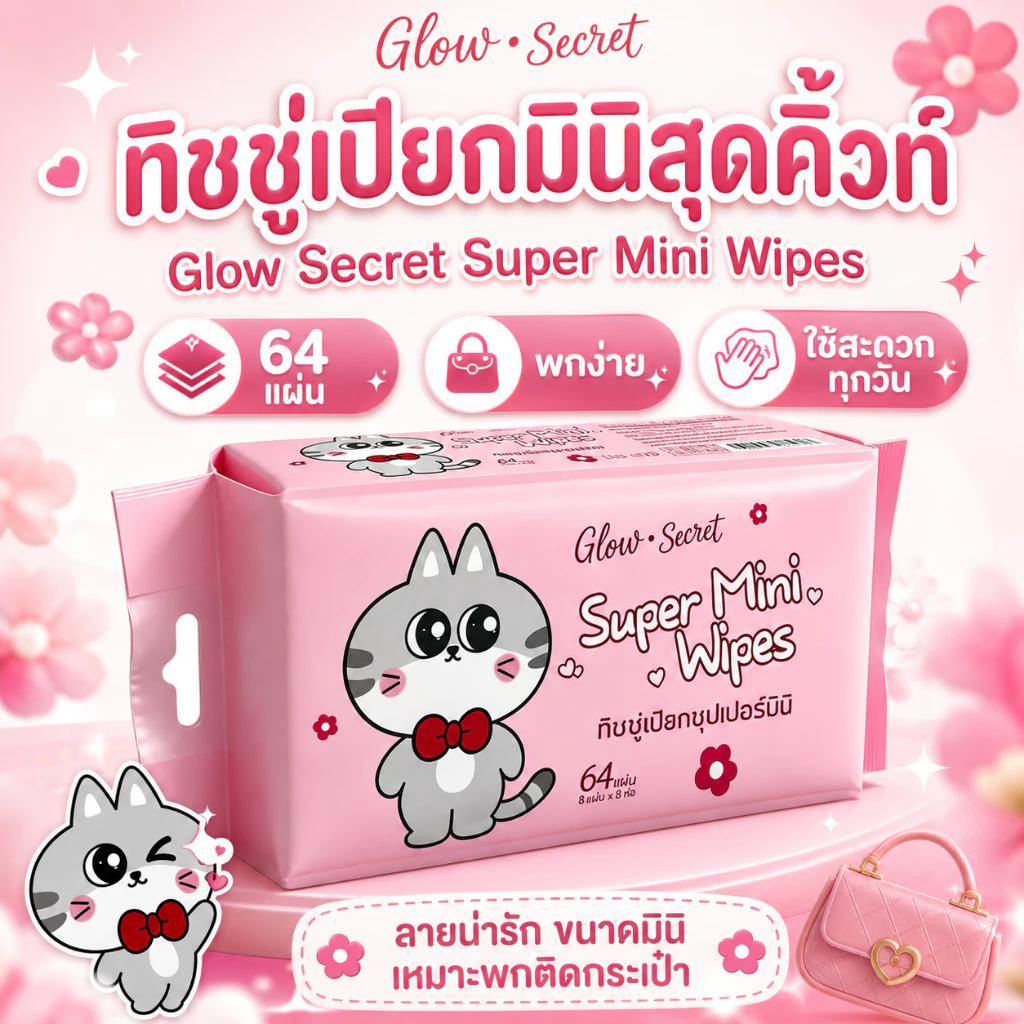 Glow Secret Wet Wipes ตรอ่อนโยนสำหรับผิวบอบบางผ้านุ่มชุ่มชื้น ปราศจากแอลกอฮอล์และน้ำหอม 1 ถุง บรรจุ 8 แผง รวม 64 เม็ด