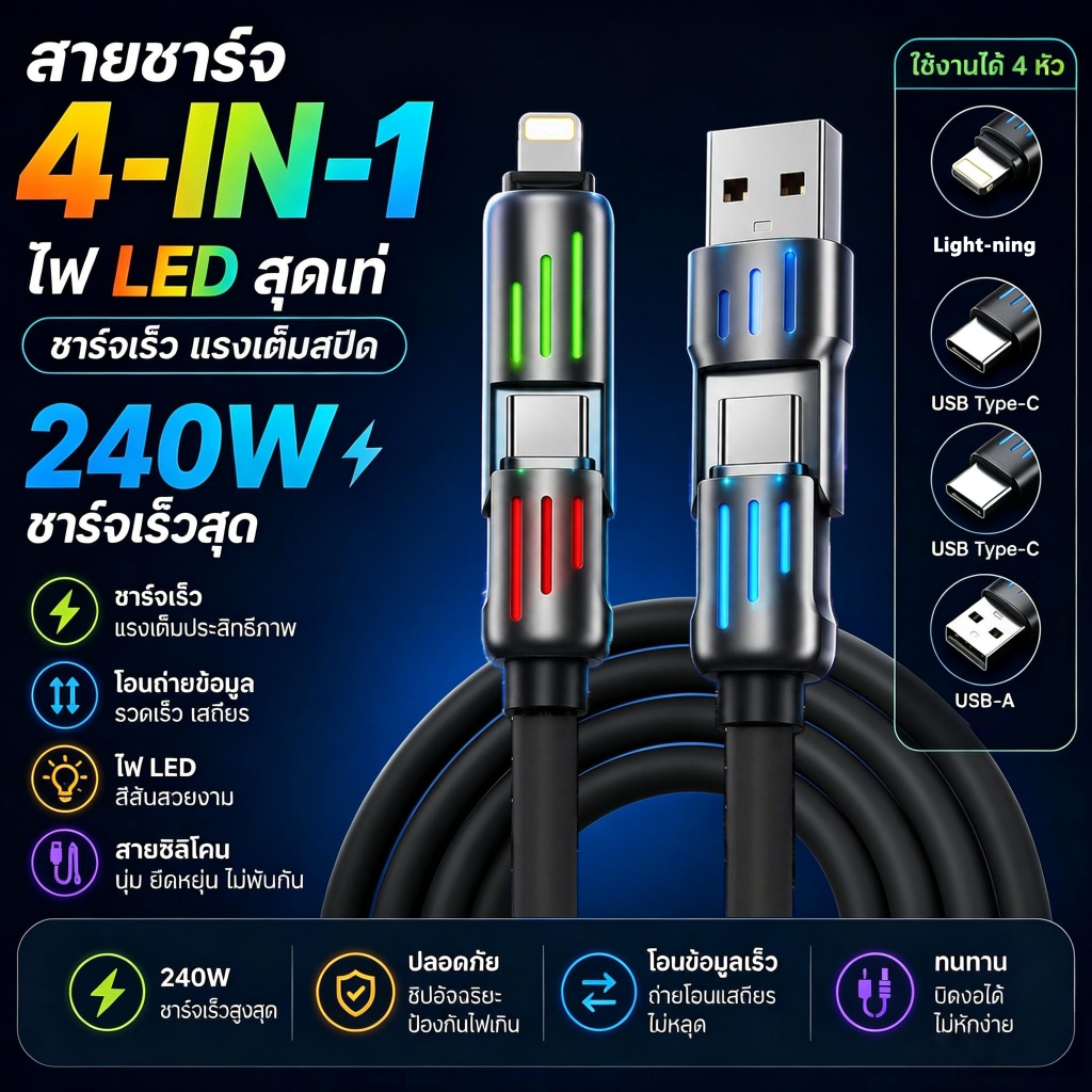 สายชาร์จเร็ว 4in1 Fast Charge 240w แสงไฟ RGB สีสันสดใส TYPE C USB