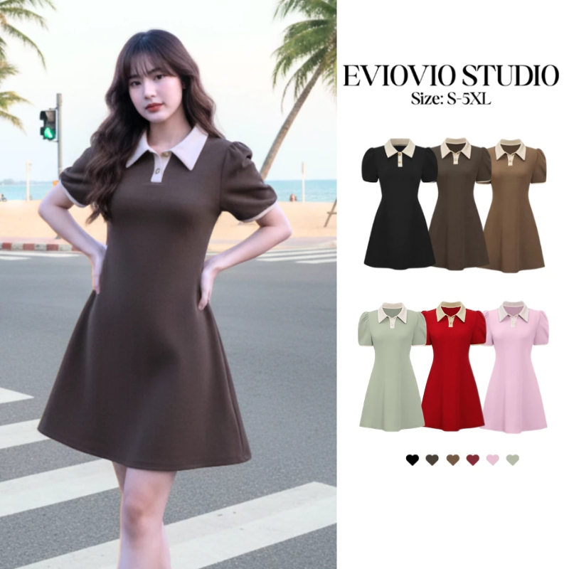 【EVIOVIO】พร้มส่งจากไทย🤍S-5XL💫 เดรสสั้นสไตล์มินิมอล คอปกตัดสี แขนตุ๊กตา ดูดีมีระดับ เดรสสาวอวบ พลัสไซซ์ เดรสออกงาน