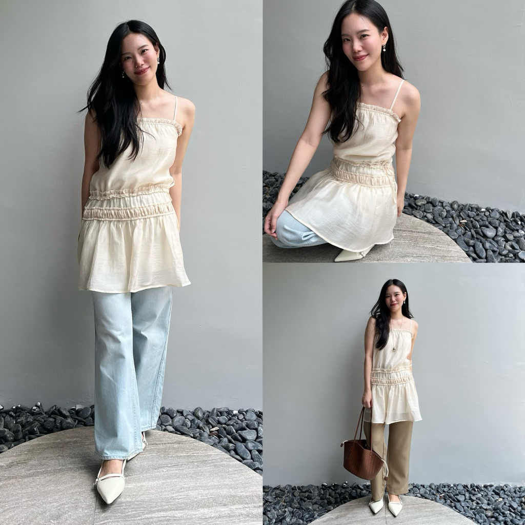 MIRINY - Seoul Breeze เสื้อสายเดี่ยว ซับในทั้งตัว สม็อคเอวช่วยเก็บทรงสวย