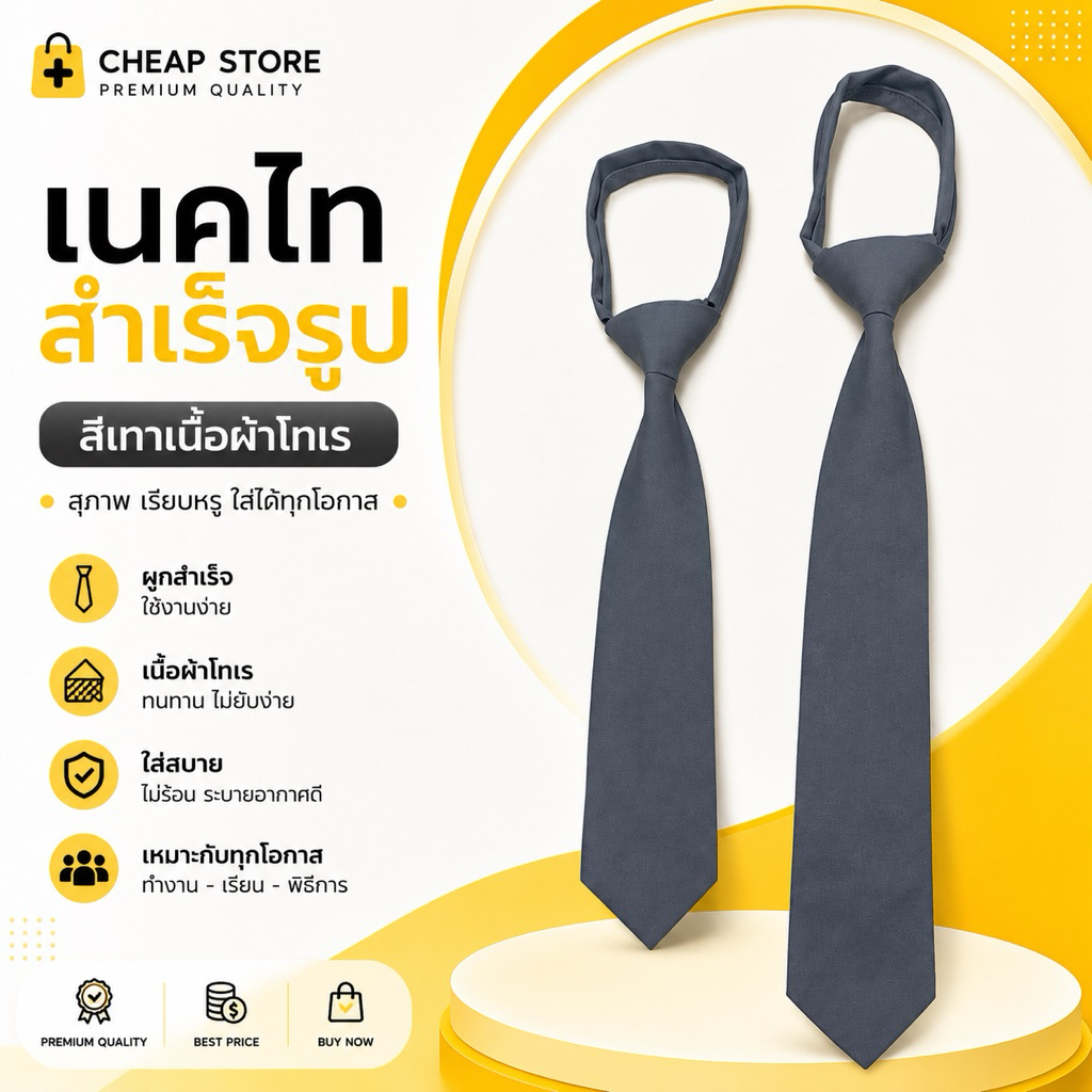 เทคไทสำเร็จรูป ผ้าโทเรสีเทา สินค้าไทย งานเย็บคุณภาพ พร้อมส่ง
