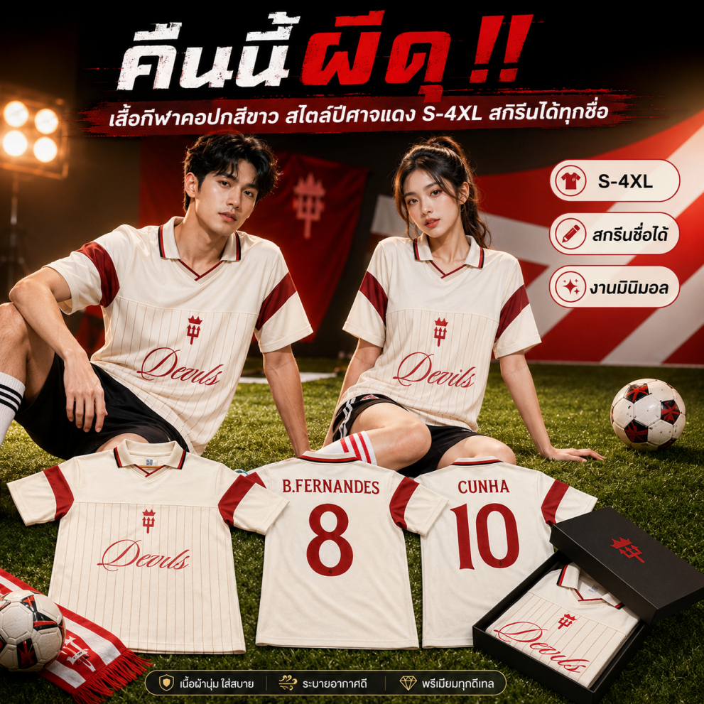 เสื้อฟุตบอล เด็กผี คอปก สีขาว วินเทจ สีขาวสไตล์ วินเทจ นุ่มใส่สบาย ผ้ากีฬา S-4XL พร้อมส่งสินค้าจากไทย