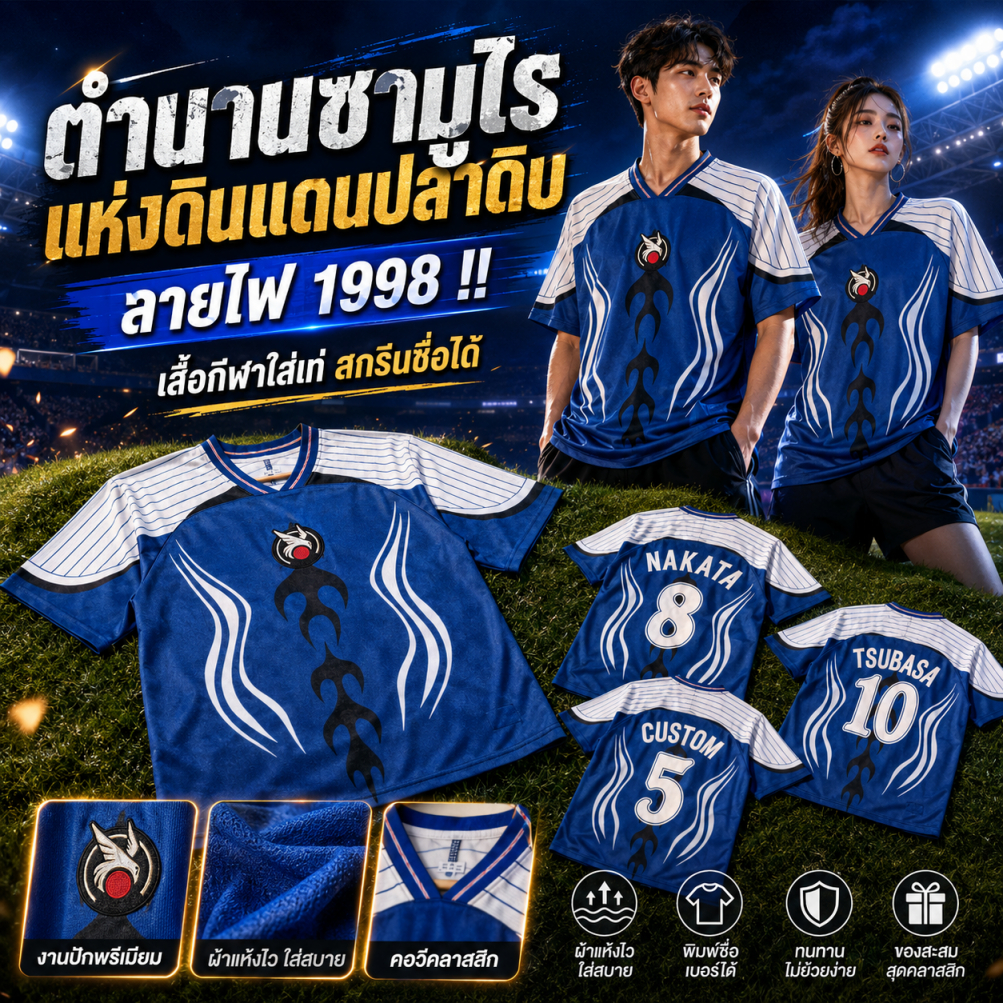 เสื้อฟุตบอล ซามูไร Remake 2026 Retro Jersey สีน้ำเงิน ลายเปลวไฟ คอวีแขนลายทาง สไตล์วินเทจ