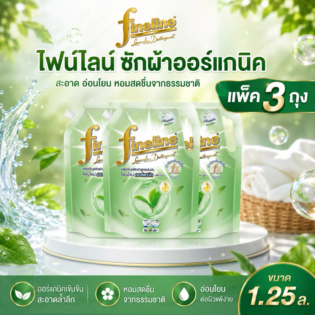 ((แพ็ค3ถุง))Fineline ไฟน์ไลน์ ผลิตภัณฑ์ซักผ้าสูตรเข้มข้นออร์แกนิคอโลเวร่า 1250 มล.