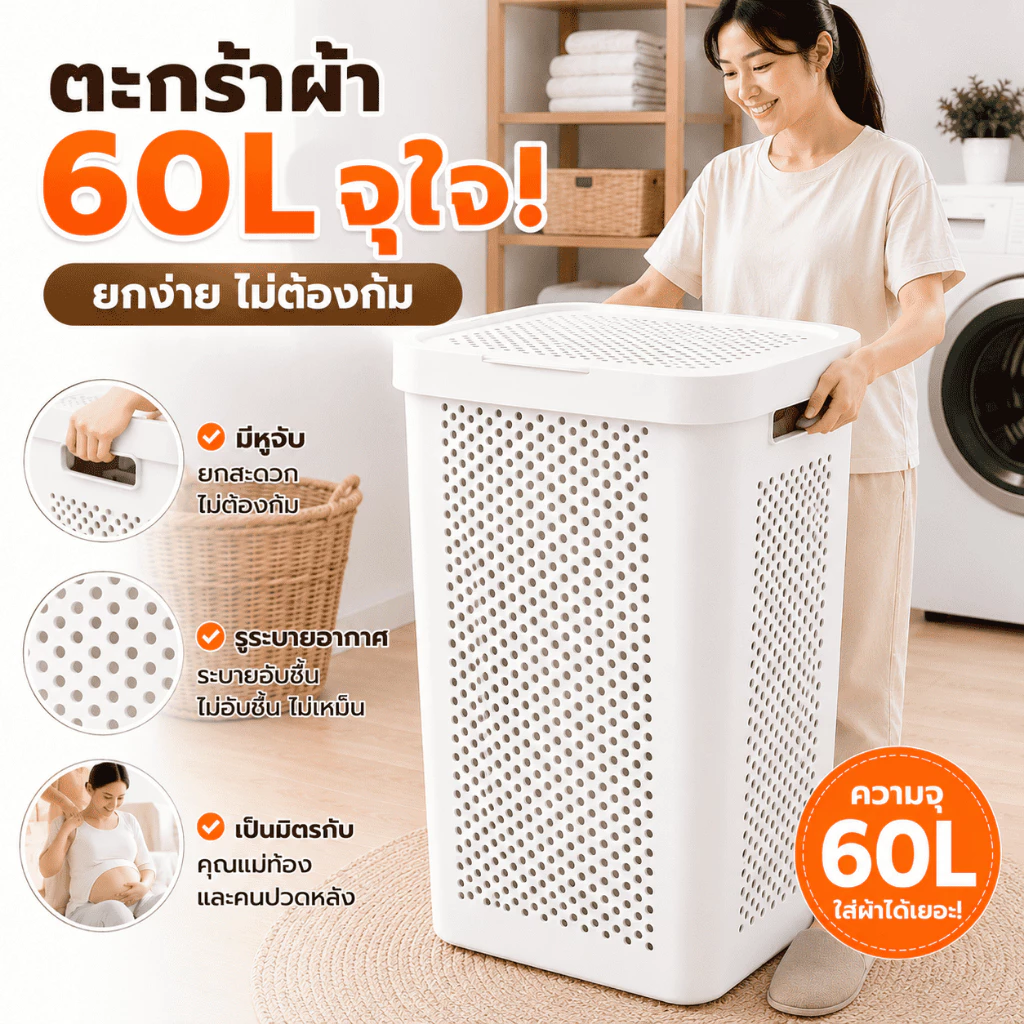 🔥รับประกัน 20 ปี🔥ตะกร้าใส่ผ้า ตะกร้าผ้าพลาสติก 45/60L ตะกร้าพลาสติก มีล้อ มีฝาปิด ความเหนียวที่ดี สไตล์เรียบง่าย